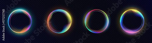 Set of round ring frames with colorful gradient transitions with space for text or object in the center, bright light frame object for illustrations or game interfaces. Vector