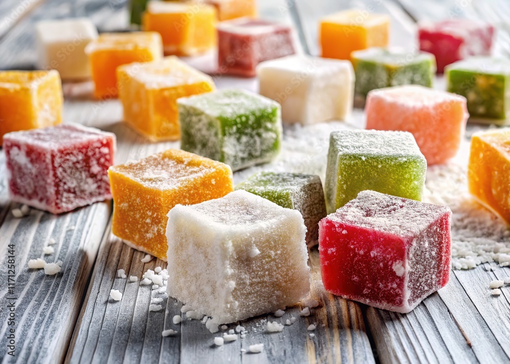 A vibrant array of Turkish Delight delights on a white wooden surface.