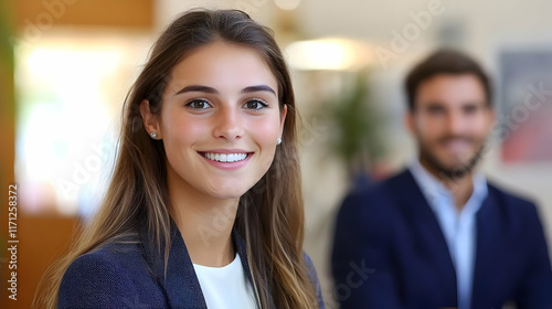 Confident businesswoman smiling, colleague blurred background, office setting, teamwork concept, for business websites