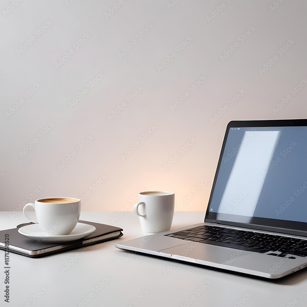A sleek laptop with a cup of coffee beside it, representing productivity, placed on white. A sleek laptop with a cup of coffee beside it, representing productivity, placed on white.