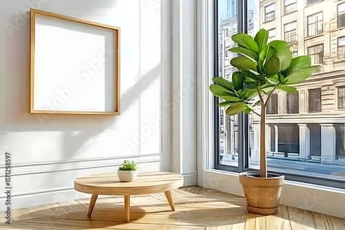 minimalist living room bathed in natural light from a large window. Frame mockup, Living room wall poster mockup. Interior mockup with house background. Modern interior design. 