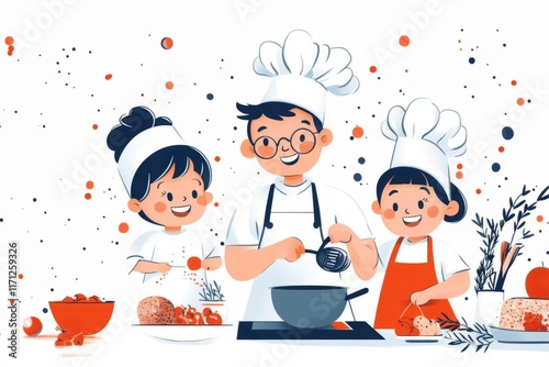 Wallpaper Mural A colorful 2D drawing of a family cooking together in a kitchen, with abstract details on a clean white backdrop Torontodigital.ca