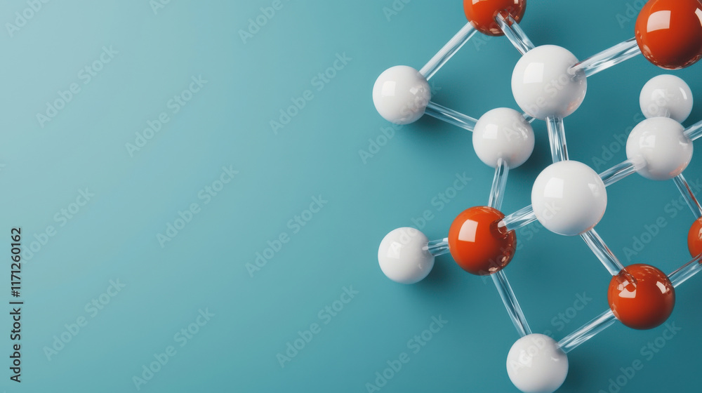 Obraz premium hospital medicine research concept. Molecular structure model with red and white spheres on blue background