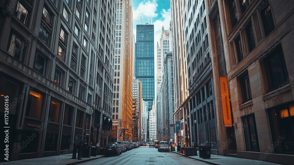 Fototapeta premium Tall buildings create a dramatic skyline in a downtown urban setting
