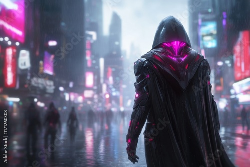 A cyberpunk king ruling a neon-lit city, with glowing crown accents and a robotic scepter in hand