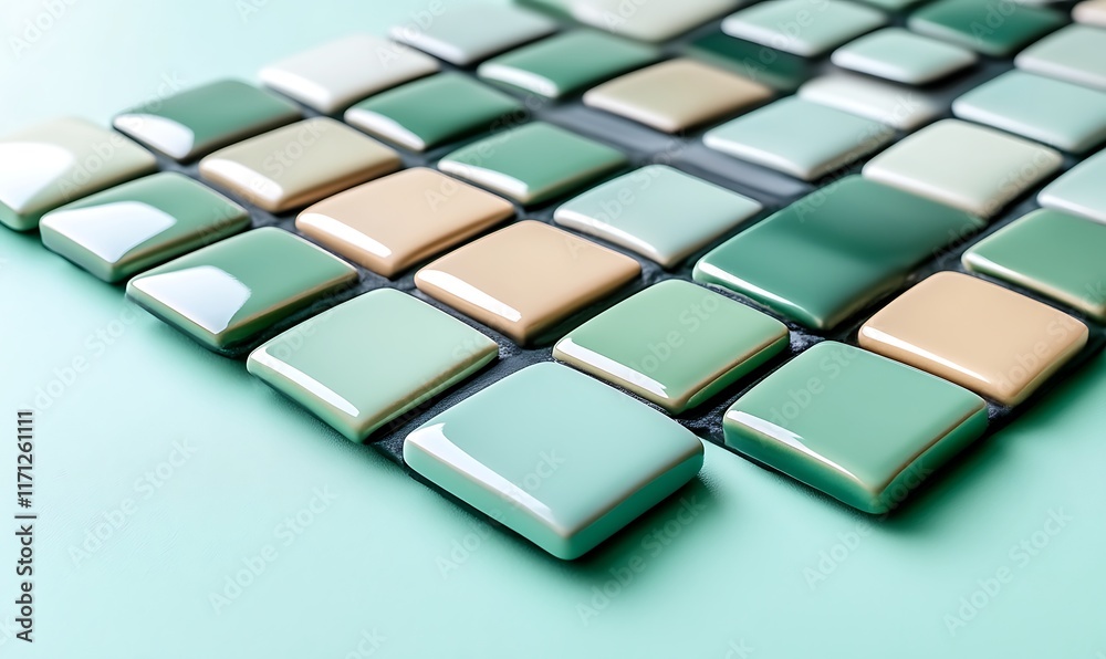 Fototapeta premium Green and beige ceramic tiles on mint background.