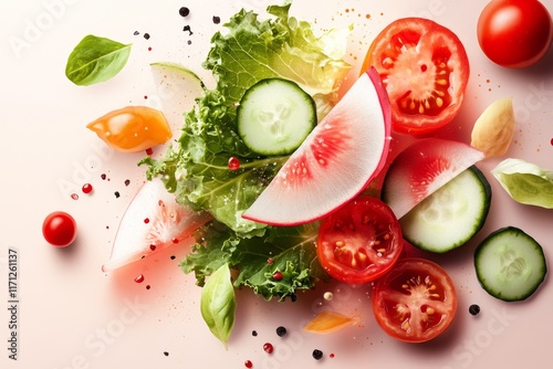 A digital illustration of a kale salad with playful, animated toppings like dancing tomatoes and spinning cucumber slices photo