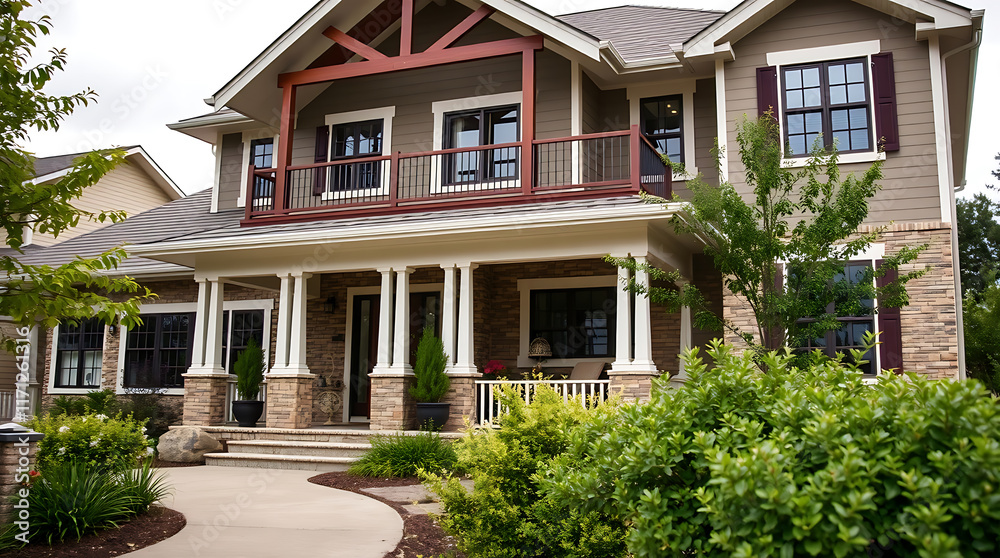 Two-story house with gray siding, stone accents, and a covered porch. The house features multiple windows, a balcony, and landscaping. The walkway leads to the front door. Two-story house with gray siding, stone accents, and a covered porch. The house features multiple windows, a balcony, and landscaping. The walkway leads to the front door.