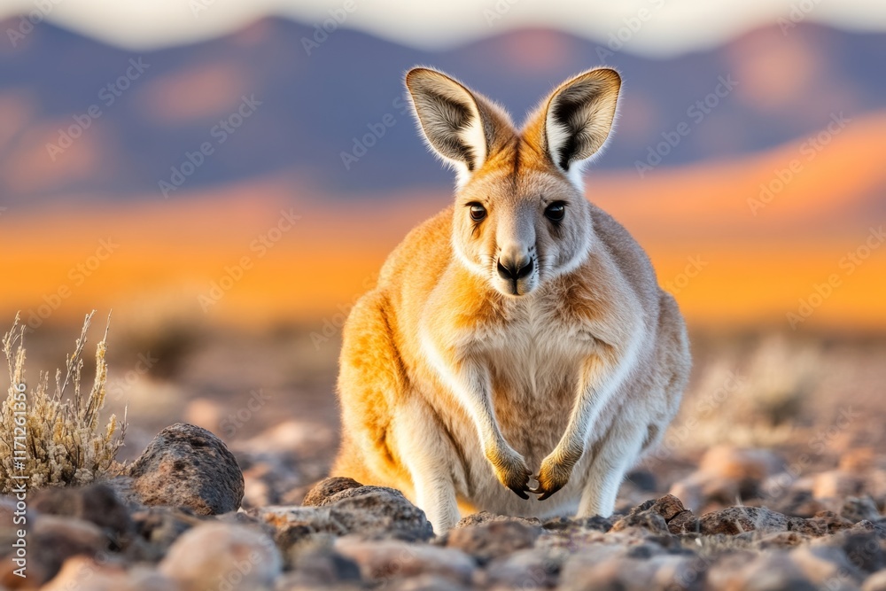 Fototapeta premium A kangaroo captured mid-leap with its shadow stretching across a rocky desert floor