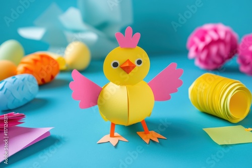 A colorful paper craft chick surrounded by vibrant Easter eggs and festive decorations on a  wooden table photo