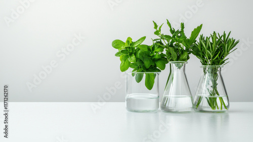 hospital medicine research concept. Fresh herbs in glass vases on white table