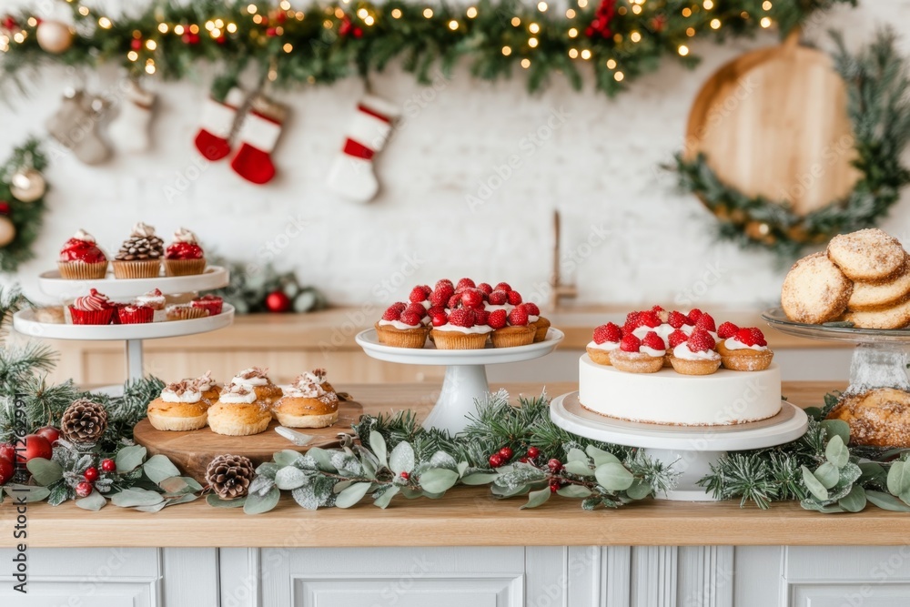 A festive holiday kitchen decorated with garlands, lights, and seasonal treats on the counter A festive holiday kitchen decorated with garlands, lights, and seasonal treats on the counter