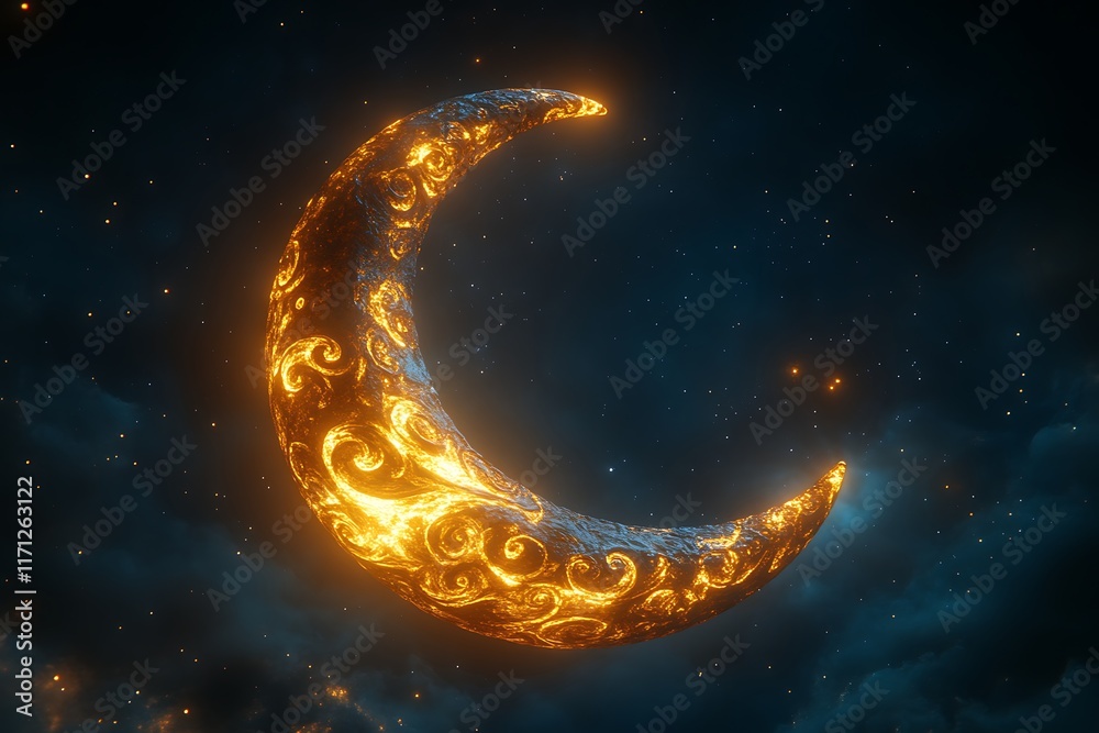 Glowing crescent moon with ornate design in night sky. Glowing crescent moon with ornate design in night sky.