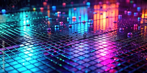 AI-photo:  Neon grid, wet surface, intensely bright.