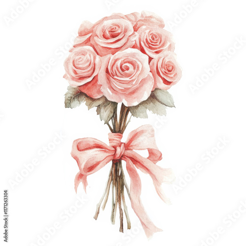 Watercolor pink roses with a bow, delicate floral illustration for home decor, soft pastel colors and elegant design