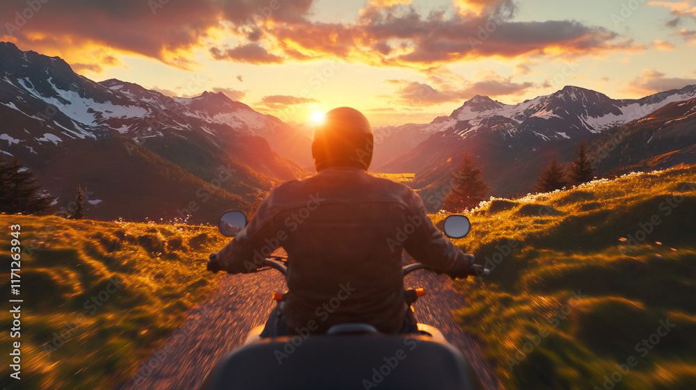 Obraz premium riding a motor during spring in the mountains during sunset with a frontal angle