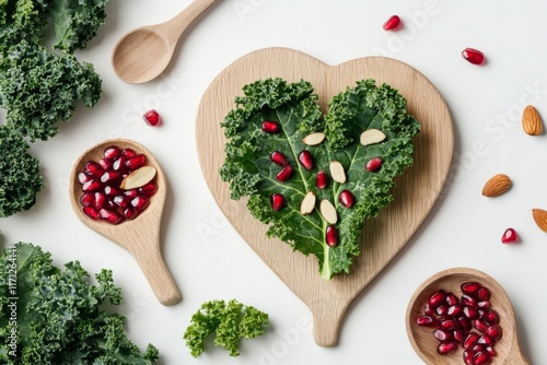 A flat lay of a single kale leaf with small toppings like pomegranate seeds and almond slivers, on a plain white background photo