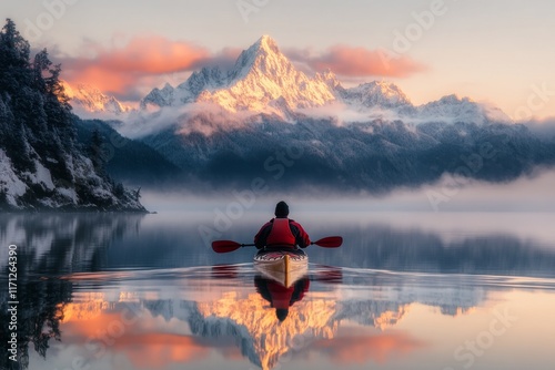 A kayaker pausing to take in the view of a distant mountain range reflected on a calm lake photo