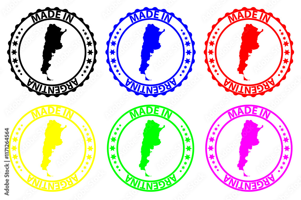 Made in Argentina - rubber stamp - vector, Argentina map pattern - black, blue, green, yellow, purple and red Made in Argentina - rubber stamp - vector, Argentina map pattern - black, blue, green, yellow, purple and red