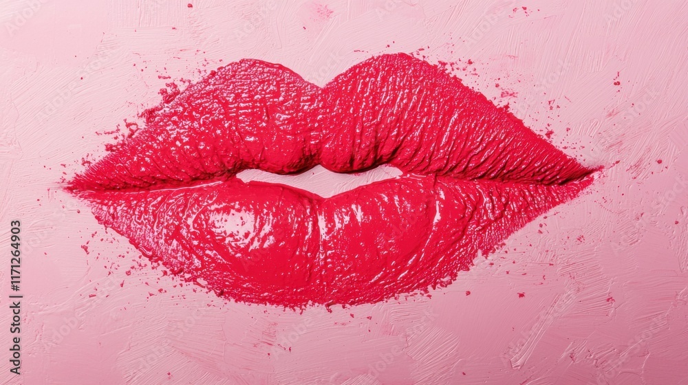 Fototapeta premium Red lipstick kiss marks on pink background
