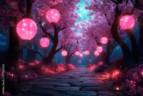 A magical dojo in a mystical forest, with glowing trees and a karateka practicing under a celestial sky