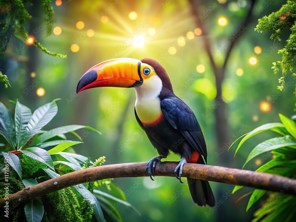Obraz premium Bokeh-drenched tropical scene: toucan on branch, vibrant plumage.