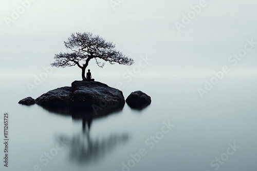 A serene landscape featuring a lone tree on a small rock island, mirrored in still water, creating a tranquil and meditative atmosphere.