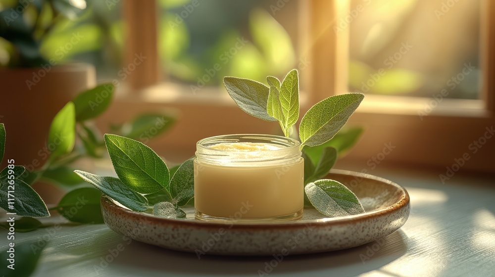 A soothing cream in a jar surrounded by green leaves, evoking a natural, calming atmosphere. A soothing cream in a jar surrounded by green leaves, evoking a natural, calming atmosphere.