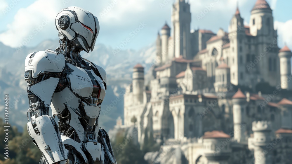 Advanced Robot Stands Before Medieval Castle Advanced Robot Stands Before Medieval Castle