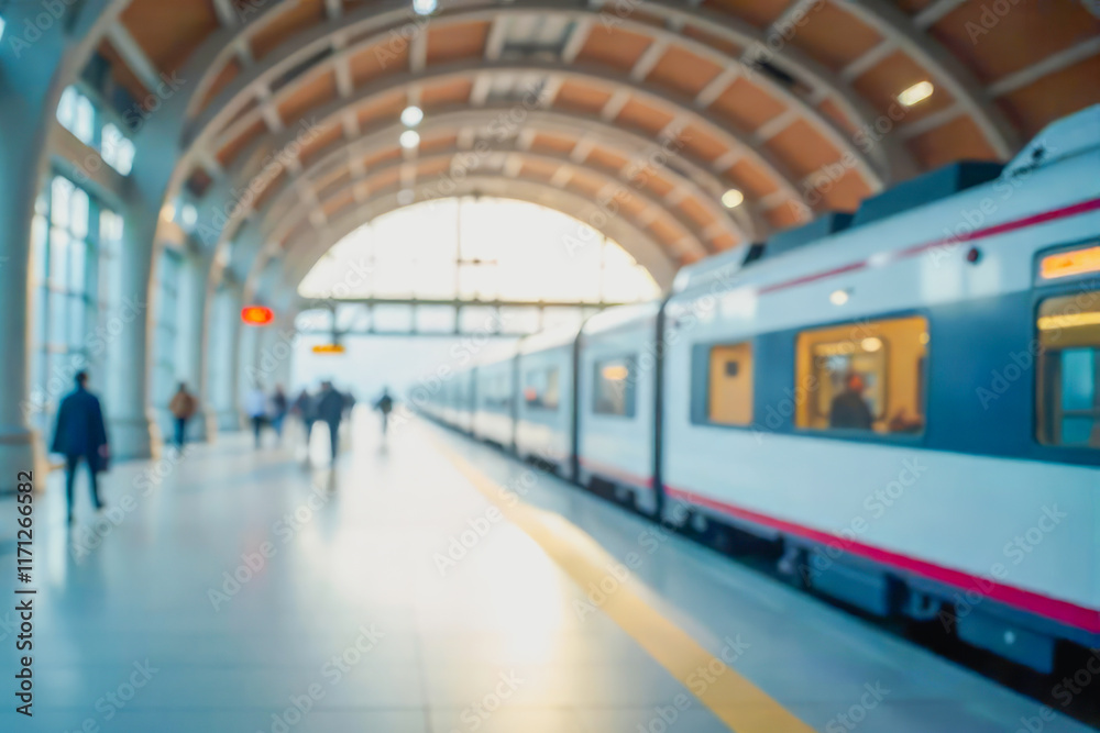 Fototapeta premium Modern train station with arched ceilings, sunset soft natural light, and sleek train ready for departure, creating sense of movement and connection. Concept of travel, commuting, and urban efficiency