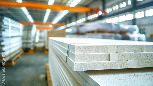 Stack of extruded polystyrene foam boards neatly arranged in modern production warehouse. Perfect for illustrating insulation materials, construction supplies, and warehouse operations