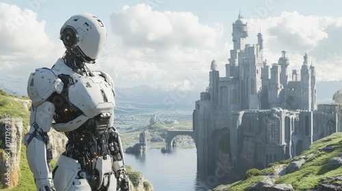 Futuristic Robot Observing Ancient Castle Landscape