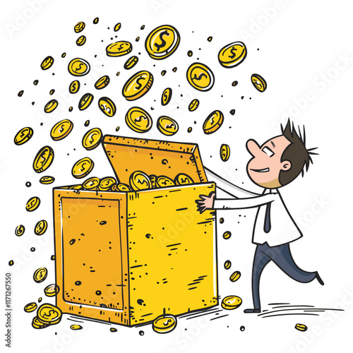 Illustration of a Businessman Happily Shoveling Gold Coins and Collecting Them in a Box
