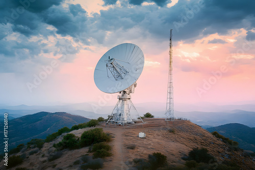 giant satellite antenna telecommunications band c, in top of the mountain hill