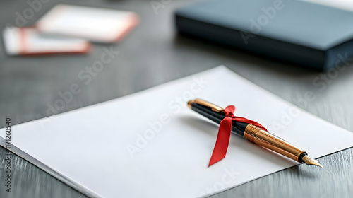 Elegant Pen, Red Ribbon, Blank Note, Office Desk, Business Stationery. photo