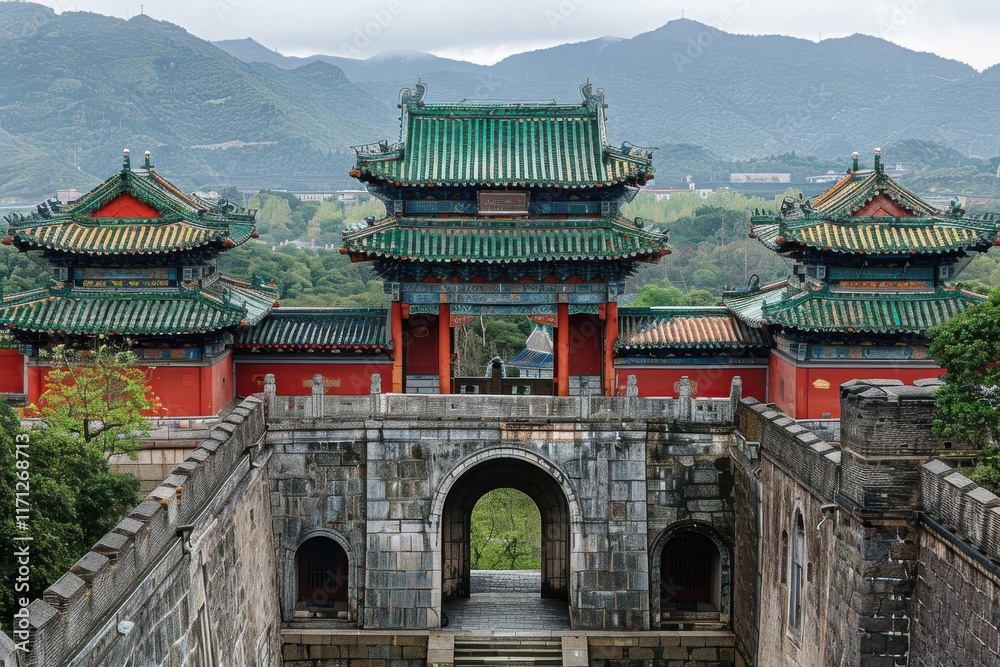 Obraz premium Traditional Chinese architecture with ornate roofs and mountainous backdrop.