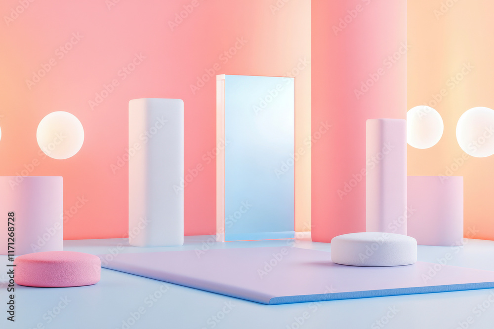 Minimalistic pastel room with geometric shapes and soft lighting Minimalistic pastel room with geometric shapes and soft lighting