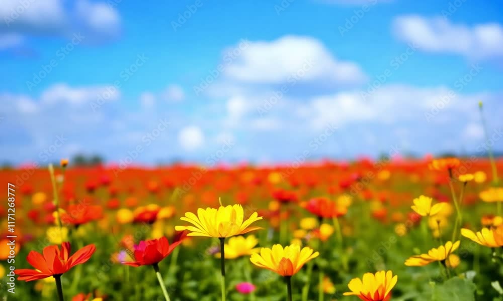 A colorful meadow filled with vividly blooming flowers set against a bright blue sky with scattered fluffy clouds A colorful meadow filled with vividly blooming flowers set against a bright blue sky with scattered fluffy clouds