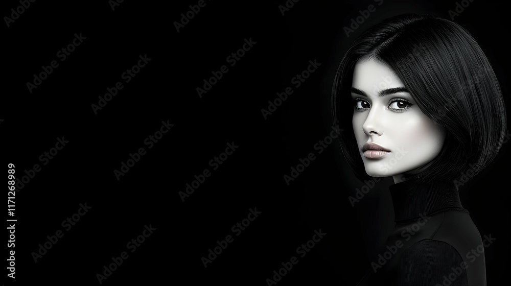 Fototapeta premium Elegant Woman, Dark Hair, Studio Portrait, Black Background, Beauty Ad.