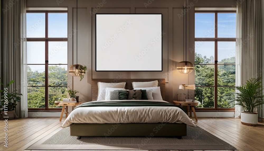 Fototapeta premium interior stylish bedroom with a large window an vintage furniture