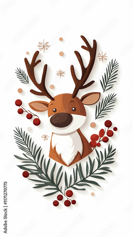 Naklejka premium Festive Reindeer Christmas Card Design, Winter Wonderland Background, Holiday Illustration.