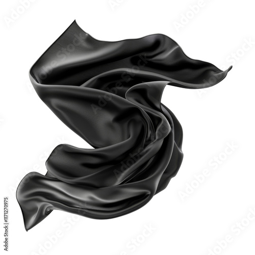Black silk fabric floating in wind, isolated on transparent or white background