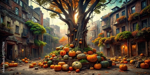 Digital pumpkins adorn an urban tree, an AI photo. photo