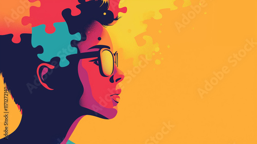 A brightly coloured profile image of a person with an ASD or autism theme, wide landscape format 16:9 with copy space