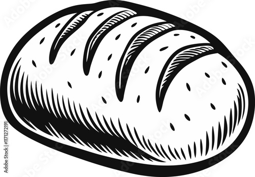 Hand drawn loaf of bread illustration showcasing artisanal bakery design in classic black and white style