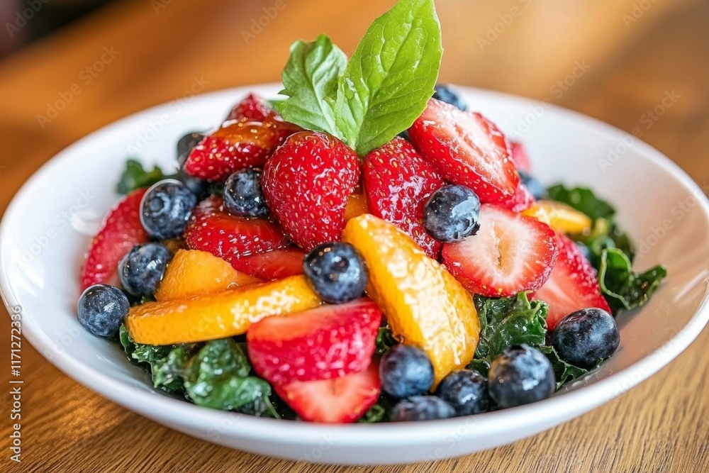 A kale and fruit salad with strawberries, blueberries, and oranges, served with a light honey dressing A kale and fruit salad with strawberries, blueberries, and oranges, served with a light honey dressing