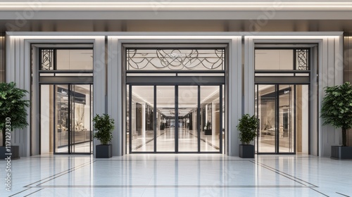 Modern building entrance with glass doors, marble floor, and potted plants.