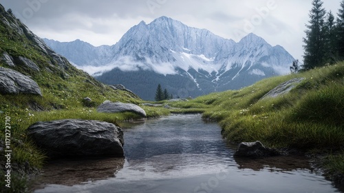 Mountain stream flowing through a meadow, reflecting a cloudy sky and snowy peak. Lush green vegetation surrounds the tranquil scene.