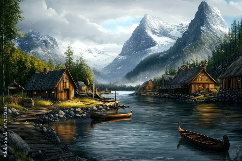 Fototapeta premium Experience the charm of a traditional Viking village by the river.