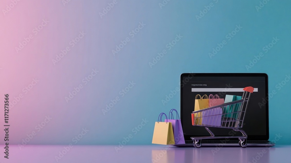 A sleek laptop with a glowing screen displaying a shopping website, placed next to a small toy shopping cart filled with colorful miniature shopping bags. A sleek laptop with a glowing screen displaying a shopping website, placed next to a small toy shopping cart filled with colorful miniature shopping bags.